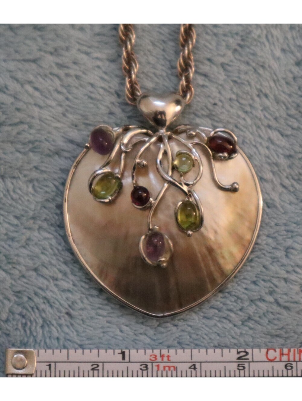 Rare Garnet Amethyst Peridot 925 St. Silver MOP Heart Vine Pendant and Chain 38g